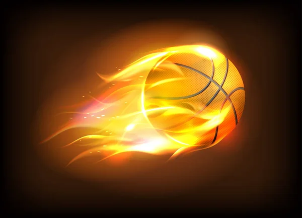Ilustración vectorial de una pelota de baloncesto realista en una llama ardiente — Vector de stock