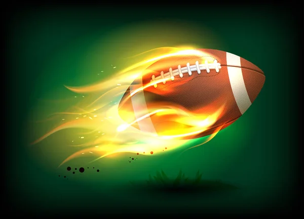Ilustração vetorial de uma velha bola de rugby de couro clássico com cadarços e costura em uma chama ardente — Vetor de Stock