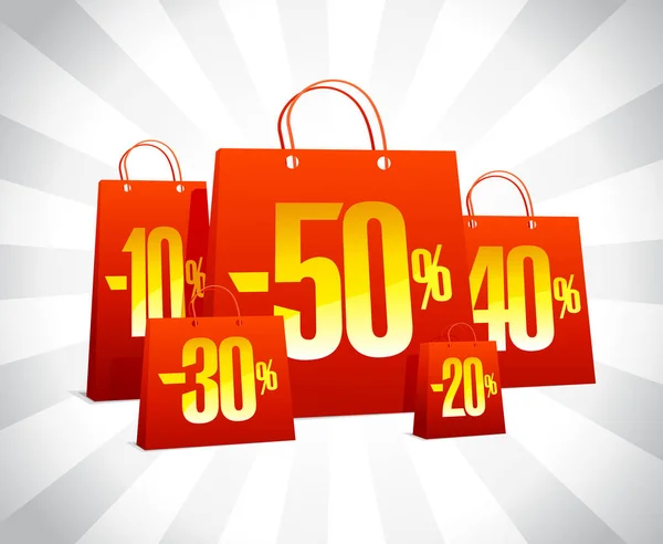 Cartaz de venda de descontos com sacos de compras de papel vermelho, design de folga — Vetor de Stock