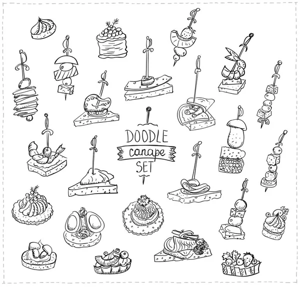 Ilustração doodle desenhado à mão com canapés e sanduíches —  Vetores de Stock
