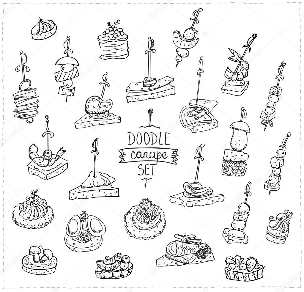 Hand drawn doodle illustration with canapes and sandwiches