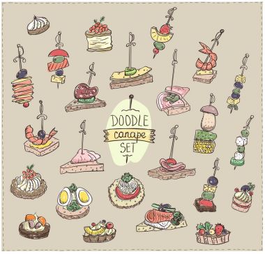 Doodle vektör çizim kanepeler ve sandviç ile