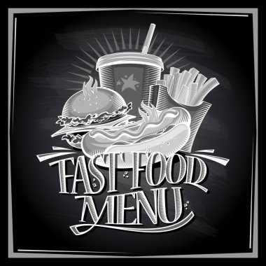 Kara tahta fast food menü sosisli sandviç, hamburger, patates kızartması ile