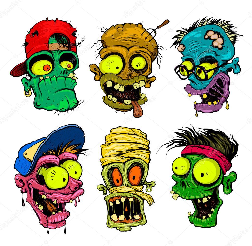 Zombie, vampire, mummy heads illustration