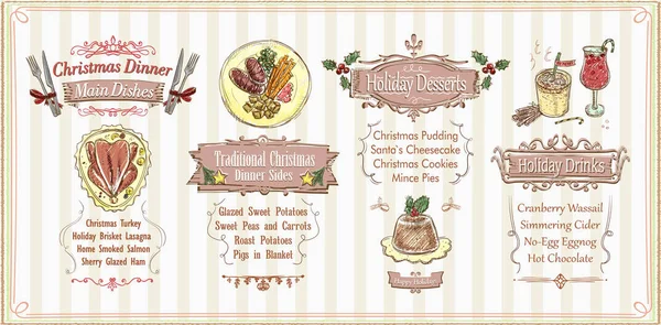 Gestaltung der Weihnachtsmenüs, Festtagsmenüs - Hauptgerichte, Beilagen, Desserts und Getränke — Stockvektor