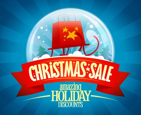 Christmas sale vector banner concept, snow globe and sleigh — Stock Vector