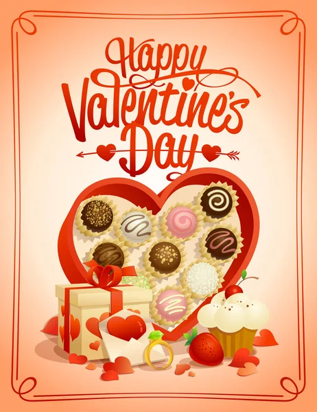 Cartão de Dia dos Namorados feliz com caixa de chocolates — Vetor de Stock