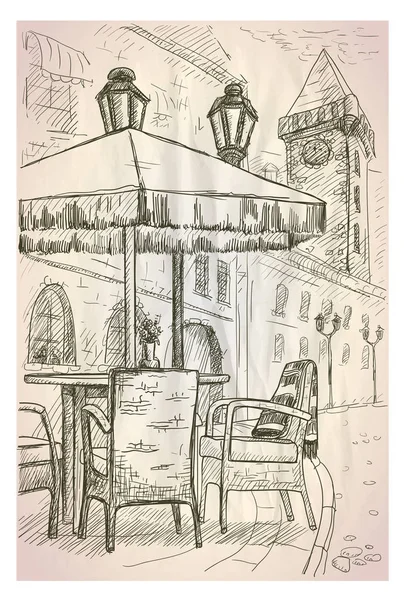 Pouliční kavárna ve starém městě grafický nákres ilustrace — Stockový vektor