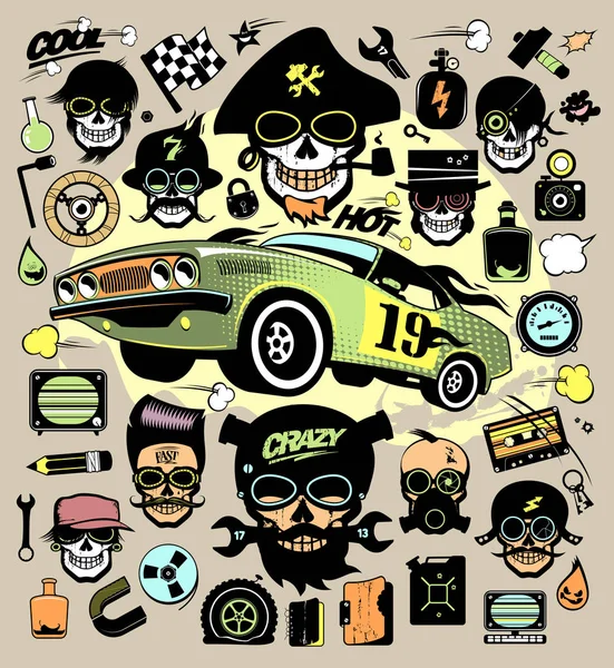 Conjunto de iconos de la moda y símbolos con coche de carreras, calaveras hipster — Archivo Imágenes Vectoriales