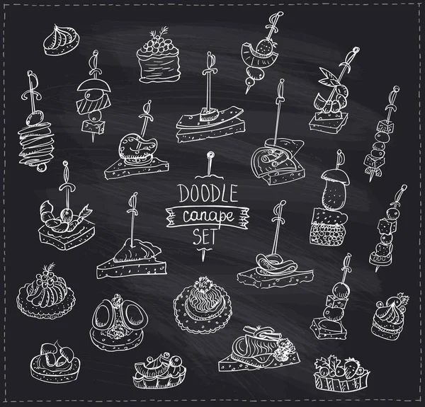 Ilustração doodle gráfico giz com canapés e sanduíches —  Vetores de Stock