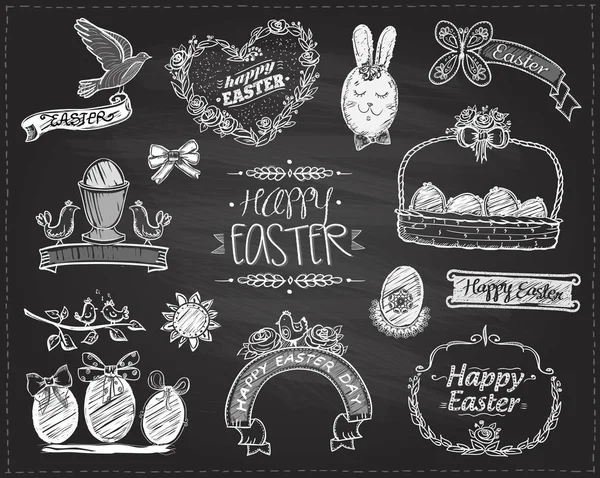 Šťastné Velikonoce tabuli s květinovou rámy, vejce, stuhy — Stockový vektor