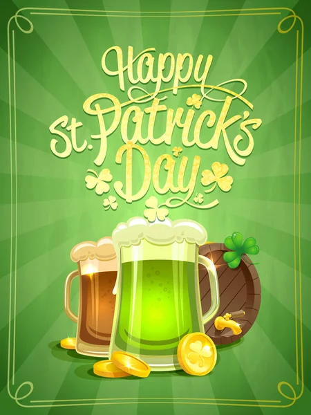 Happy Patrick's Day poster avec bière verte et tonneau de bière — Image vectorielle