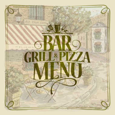 Pizza ve ızgara menü çubuğu retro stil grafik illüstrasyon