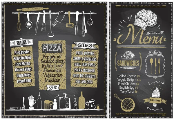 Placas de menu de giz com utensílios de cozinha, ilustração gráfica desenhada à mão —  Vetores de Stock