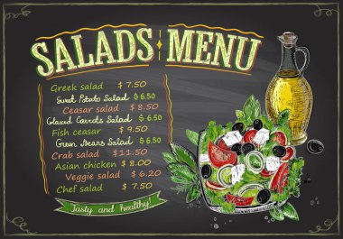 Salata menü kara tahta tasarımı, elle çizilmiş illüstrasyon Yunan salatası ile