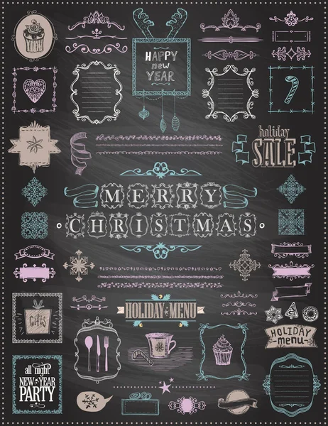Natal de férias e elementos de esboço de Ano Novo postos em um quadro-negro - faixas, armações, cardápios, divisores e frases —  Vetores de Stock