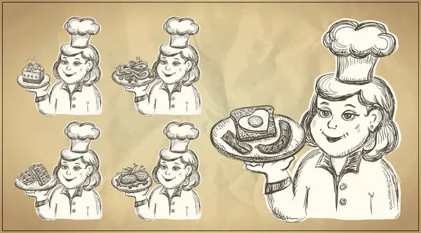 Hand drawn set with cartoon chef cook portrait holding assorted dishes — 스톡 벡터