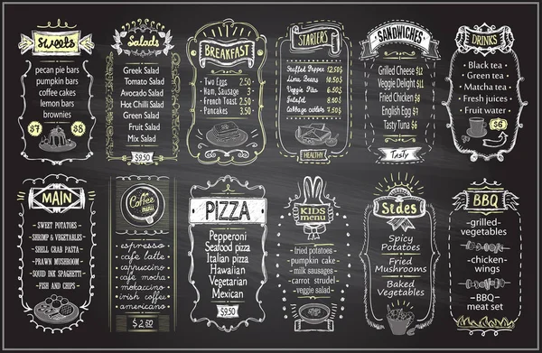 Chalk menu ingesteld op een schoolbord - snoep, salades, ontbijt, voorgerechten, sandwiches, enz.. — Stockvector