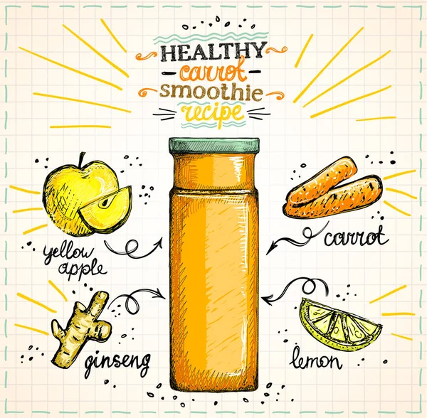 Recette saine de smoothie aux carottes sur un papier, menu de smoothie végétarien avec ingrédients — Image vectorielle