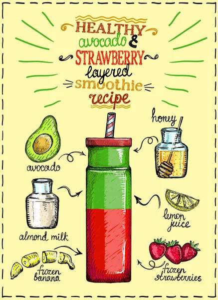 Receta saludable de batido en capas de aguacate y fresa con ingredientes — Vector de stock