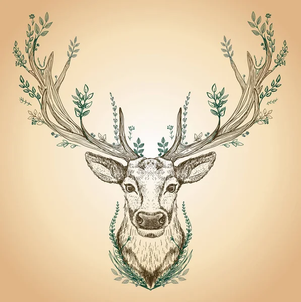 Hand drawn graphic sketch illustration of a forest spirit as a deer with big antlers and leaves growth on it — Stock Vector