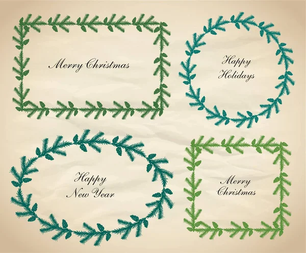 Conjunto de marcos de corona de abeto de Navidad - forma redonda, ovalada, cuadrada y rectangular — Vector de stock