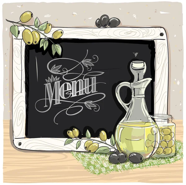 Cobertura de menu com garrafa de azeite e quadro negro de giz —  Vetores de Stock