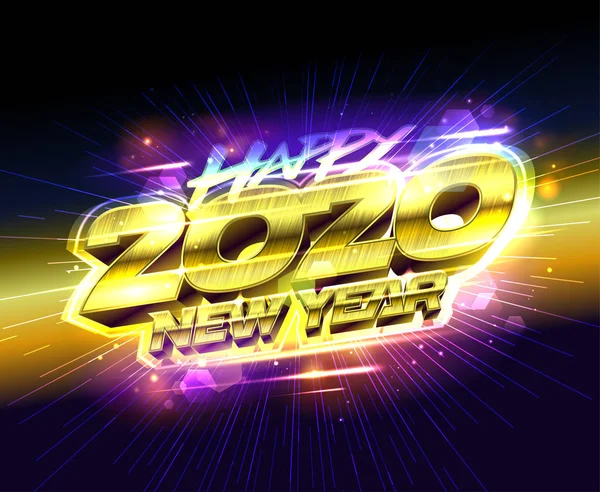 Feliz año nuevo 2020 tarjeta, texto dorado — Vector de stock