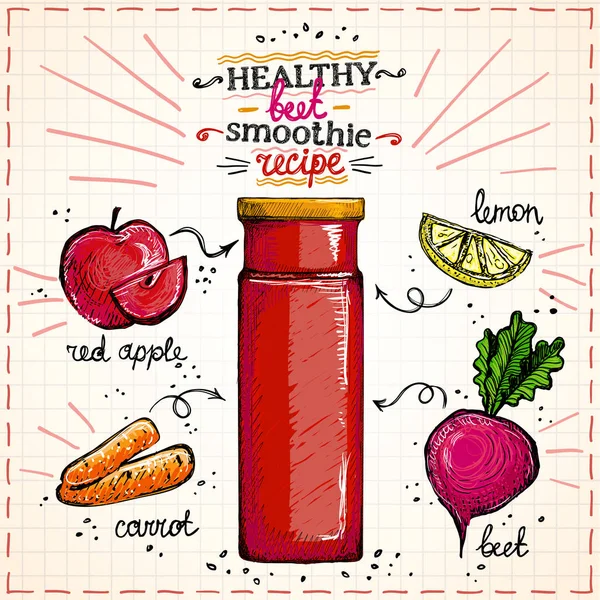 Gesunde Rote-Bete-Smoothie-Rezept handgezeichnete Skizze, vegetarischer Smoot — Stockvektor