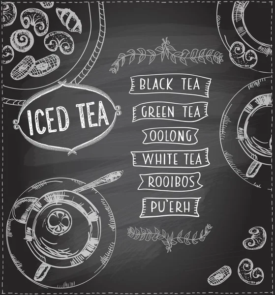 Concepto de diseño de menú de té helado de tiza en una pizarra, ilustración dibujada a mano de arte con tazas de té y pastelería surtida — Archivo Imágenes Vectoriales