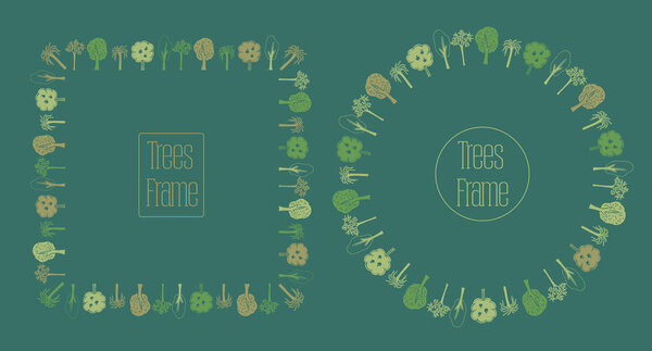 Круглые и квадратные рамки с деревьями, векторная иллюстрация
