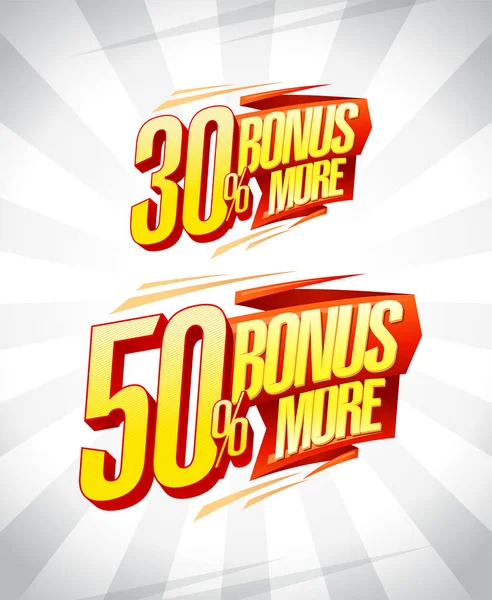 Bonus 30 % et 50 % de plus, symboles marketing — Image vectorielle