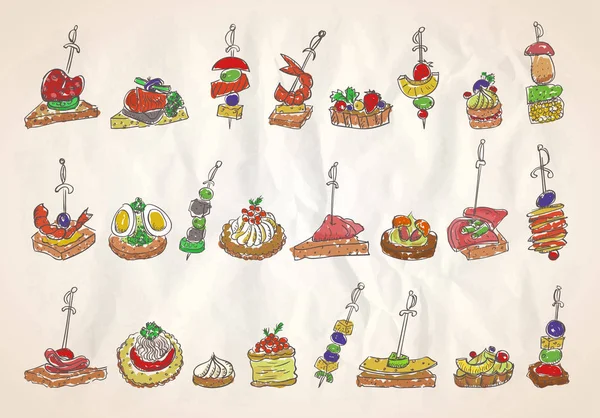 Doodle ilustração com canapés e sanduíches em um papel — Vetor de Stock
