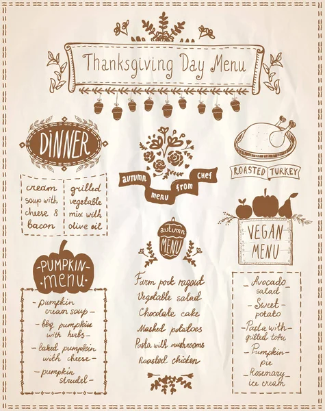 Joyeuse fête de Thanksgiving menu de vacances, plats d'automne de saison — Image vectorielle