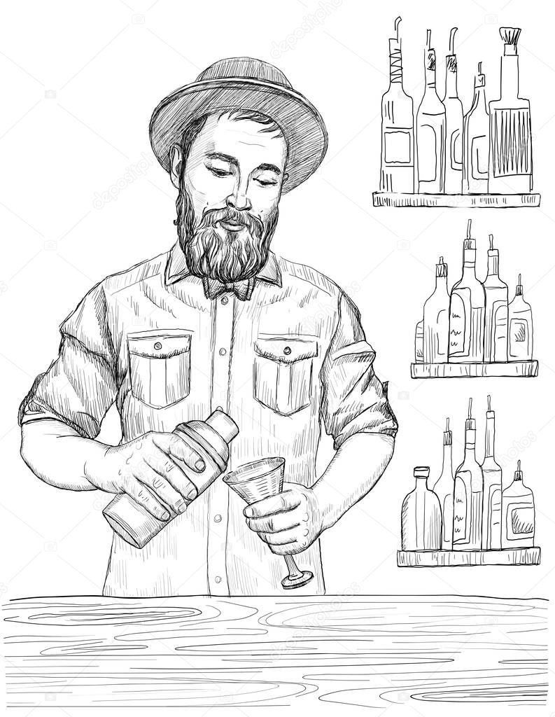 Barmen mixing cocktail, graphic sketch illustration