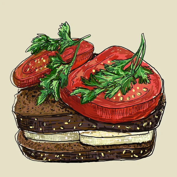Wegańska kanapka z pomidorem i serem tofu na chlebie żytnim — Wektor stockowy