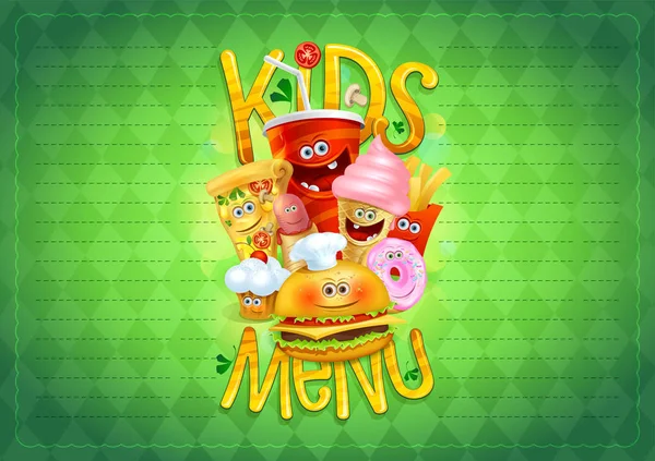 Menu pour enfants avec hot dog, hamburger, frites, pizza, beignet, crème glacée, muffin et boisson — Image vectorielle