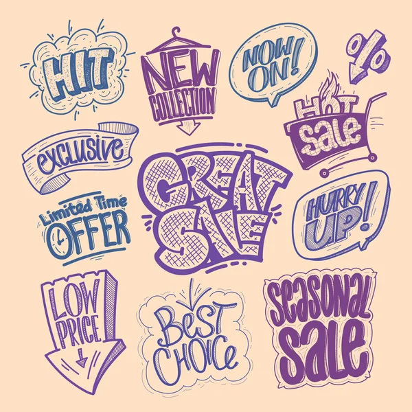 Hand drawn sale vector signs set - great sale, hit, limited time offer, low price, best choice — Stock Vector