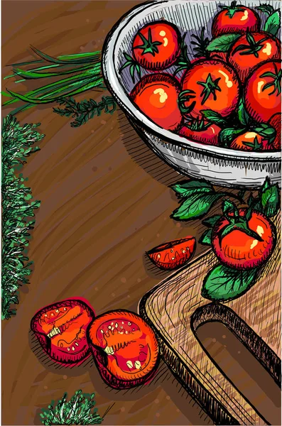 Tomates maduros sobre una vieja mesa de madera, ilustración gráfica dibujada a mano — Vector de stock