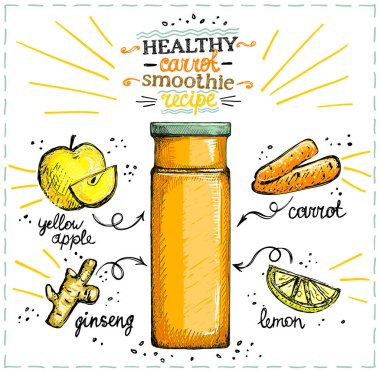 Sağlıklı havuç püresi tarifi, malzemeli vejetaryen smoothie menüsü, sebzeler, çizim elle çizilmiş çizim çizimi.