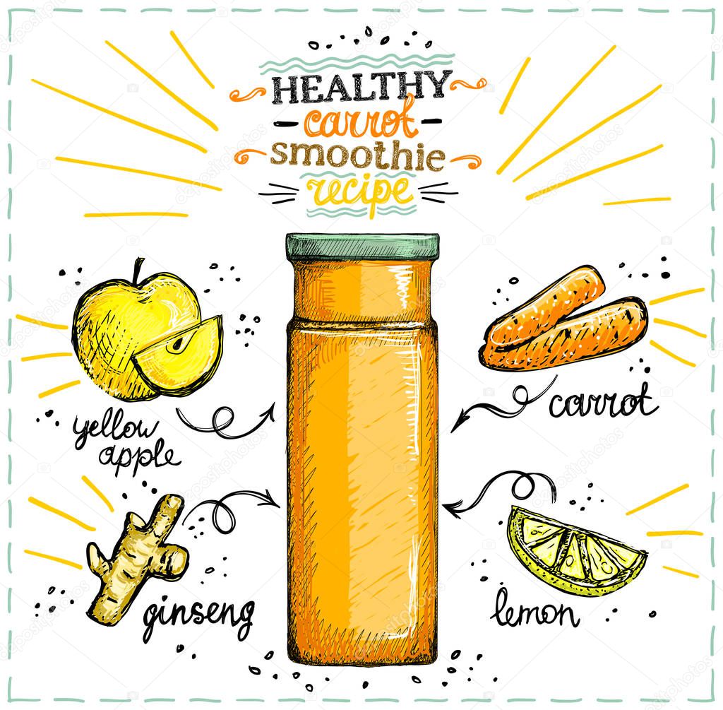Healthy carrot smoothie recipe, vegetarian smoothie menu with ingredients, vegetables set sketch hand drawn graphic illustration