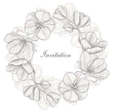 Grafik çerçeveli davetiye kartı şablonu. Nazik çiçekler.