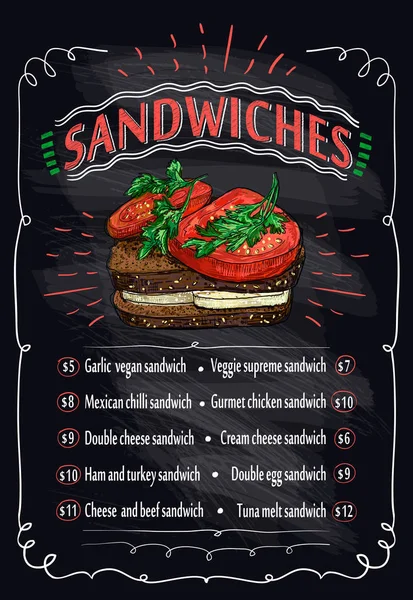 Menú pizarra de sándwiches, boceto gráfico — Vector de stock
