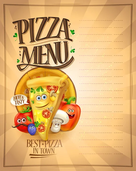 Lista de menú de pizza con personajes de dibujos animados - rebanada de pizza y verduras — Vector de stock