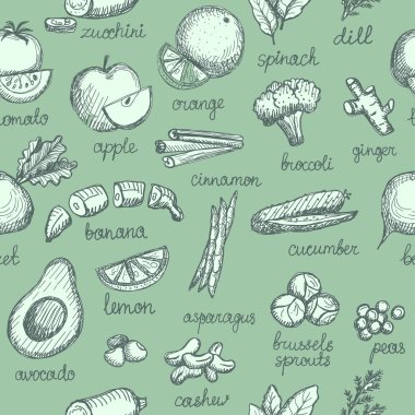 Sebze, fındık ve yeşillik grafik çizim deseni