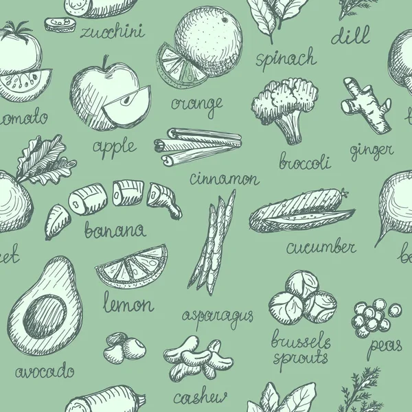 蔬菜、坚果和绿色图形草图图案 — 图库矢量图片