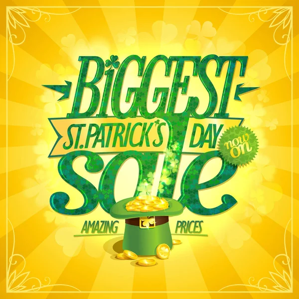 Patrick 's Day Sale Banner mit grünem Koboldhut voller goldener Münzen, leuchtend gelber Hintergrund — Stockvektor