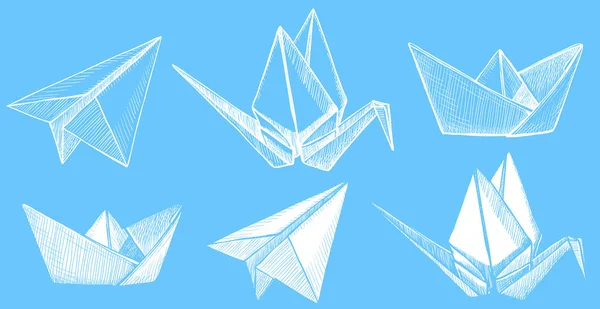 Origami avião, guindaste e barco, ilustração esboço gráfico — Vetor de Stock