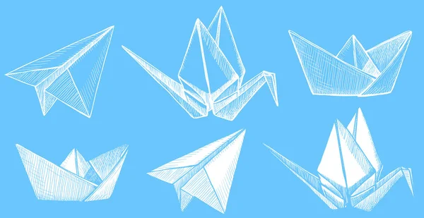 Origami平面，起重机和船，图形草图说明 — 图库矢量图片