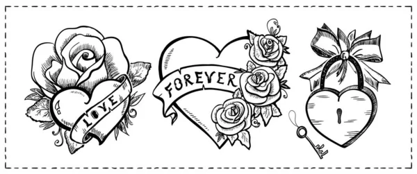 Σύμβολα αγάπης - καρδιές, τριαντάφυλλα και κορδέλες — Διανυσματικό Αρχείο